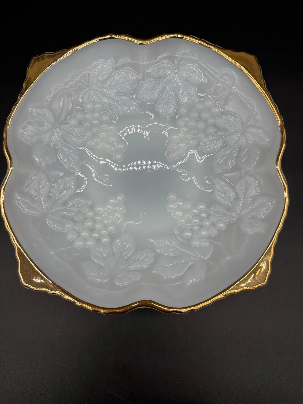 Vintage Anchor Hocking White Milk Glass Dish Bowl Embossed Grapes with Gold Trim